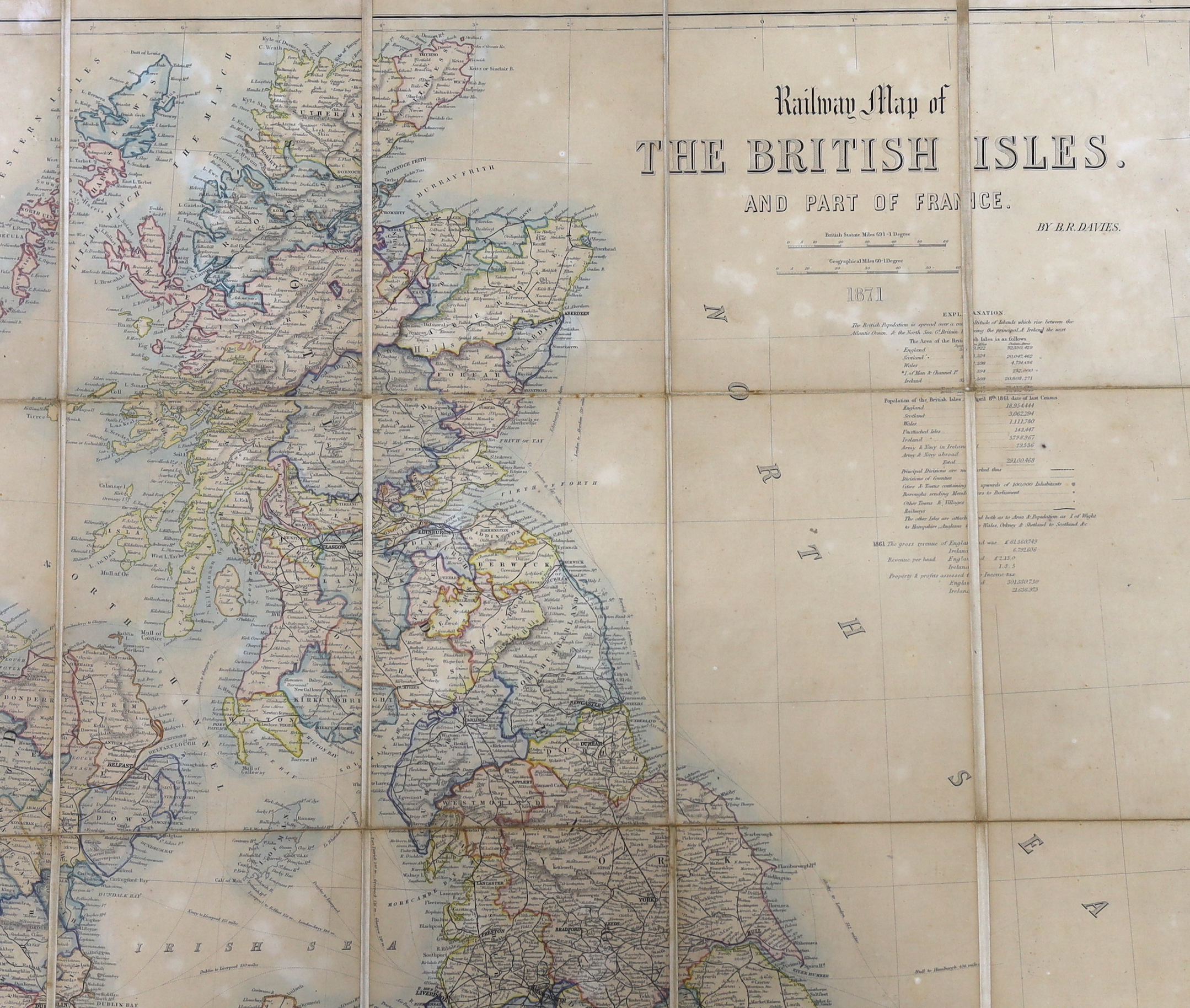 Benjamin Rees Davies, 19th century framed folding railway map of the British Isles and part of France, 1871, 95 x 79cm